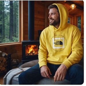 The North Face Mens Med Geo Nse Hoodie Pullover Yellow Logo Pocket Sweatshirt